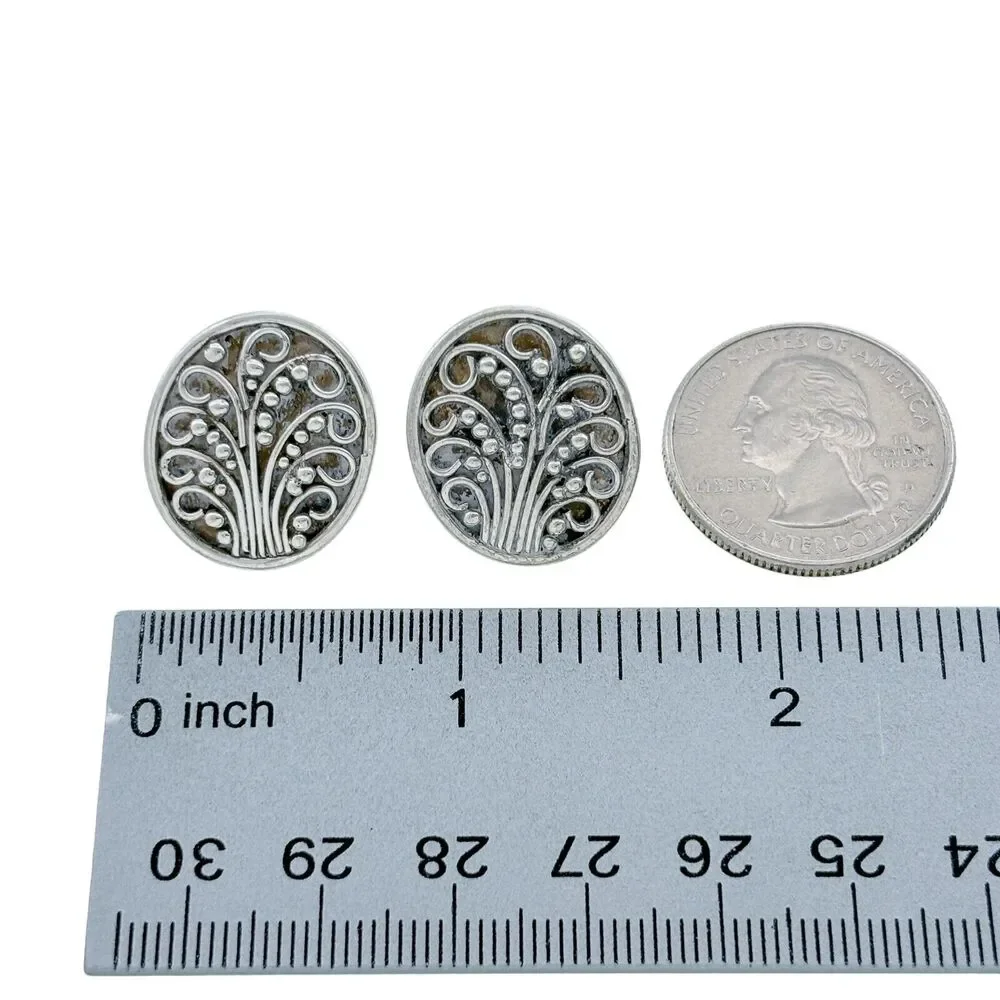 Vintage Sterling Silver 925 Oval Filigree Pierced Earrings